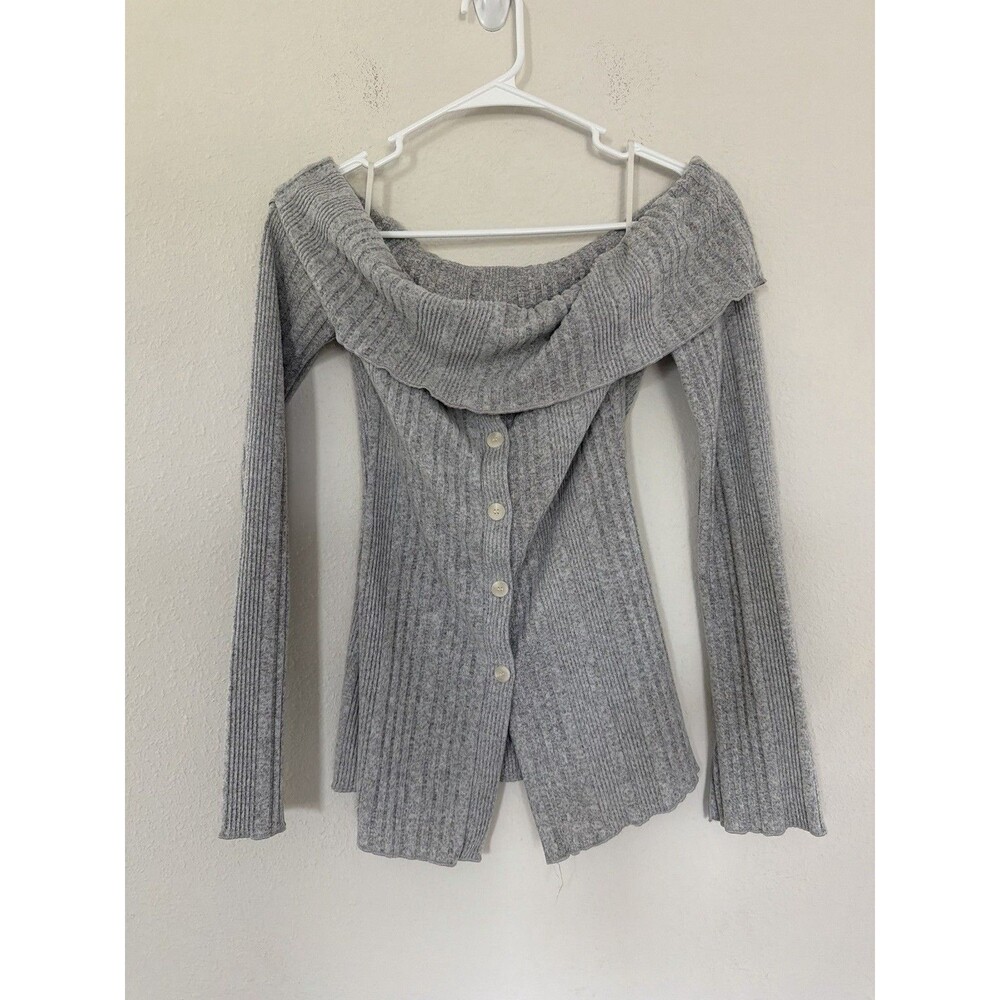 Y2K Off Shoulder Button Front Sweater OS Ribbed Knit Balletcore Soft Girl Twee